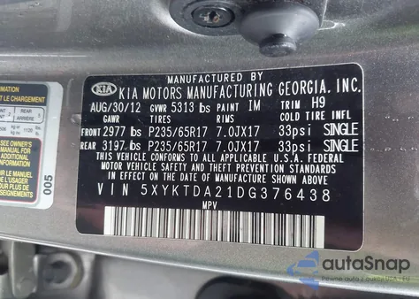 2013 Kia Sorento Lx V6 из США, поврежденный, VIN 5XYKTDA21DG376438